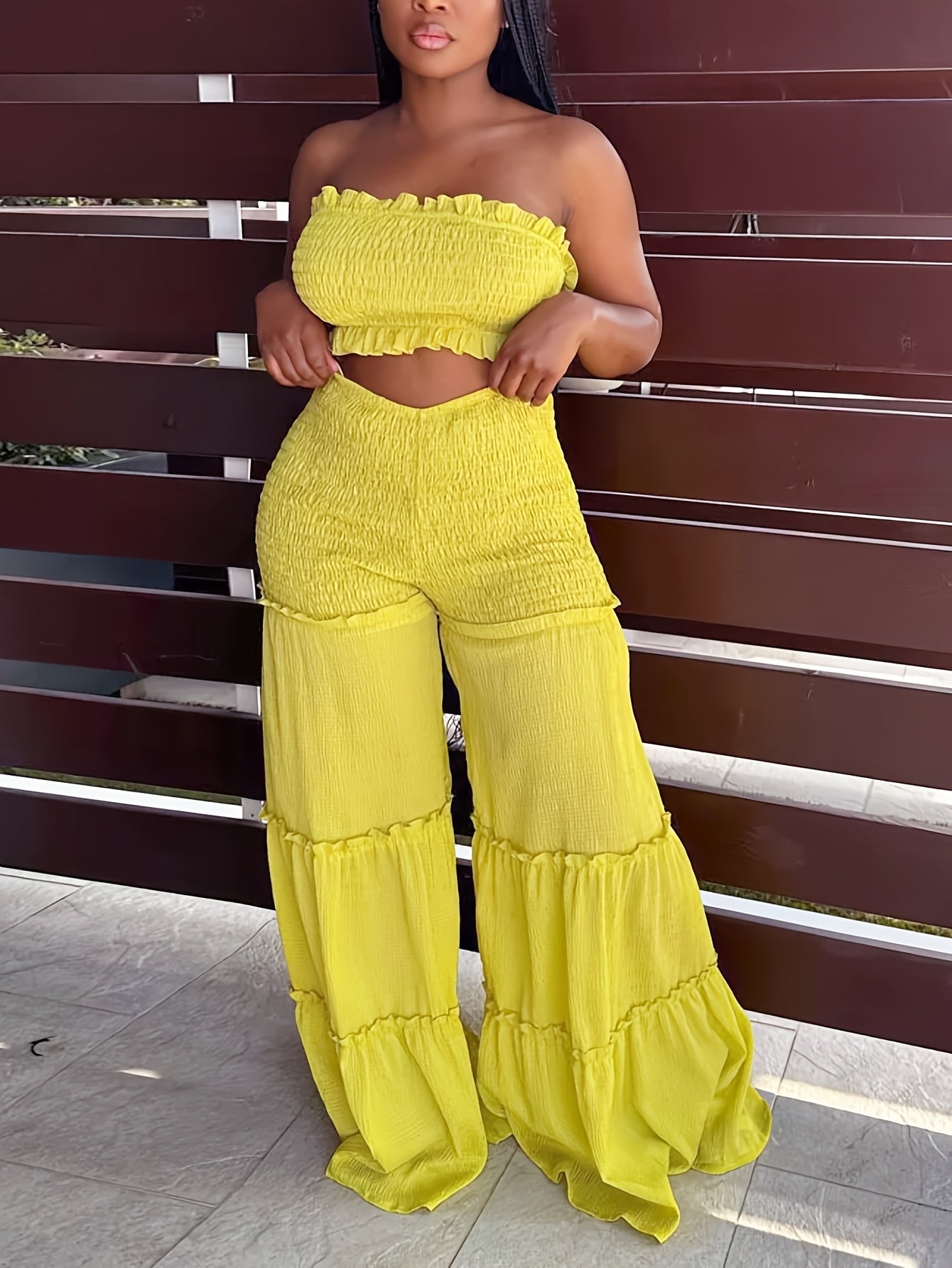 Elegant V-Neck High-Waist Wide Leg Two-Piece Set with Ruched Detail - Sexy Corset & Strapless Top, Polyester Blend, Perfect for Spring/Summer, Chic Outfit|Vneck Top|Polyester Blend